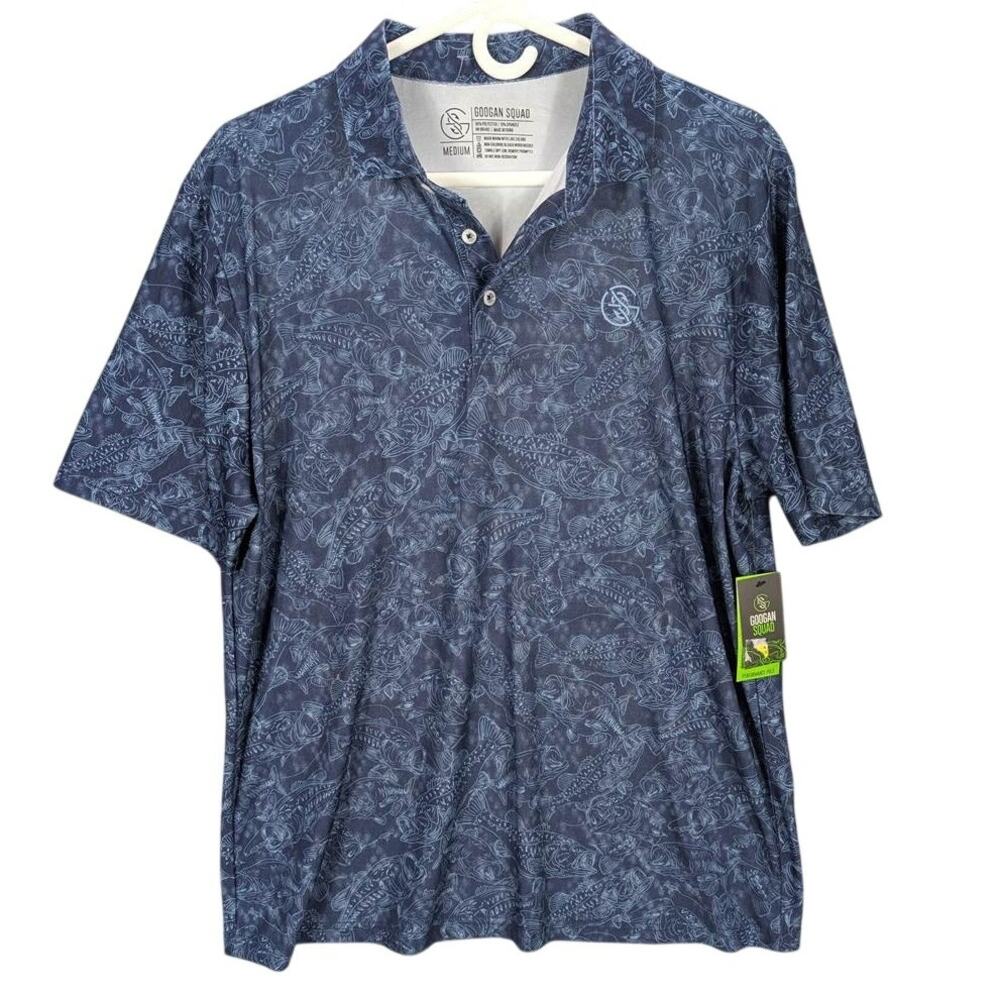 Googan Squad Shirt Mens Medium Navy Fish Print Performance Polo Short Sleeve UPF